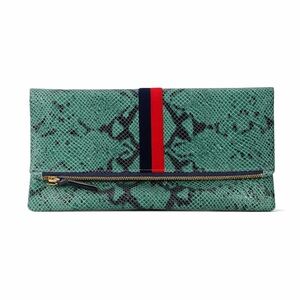 Clare V. Green Snakeskin Foldover Clutch w/ Red & Navy Stripe | Leather